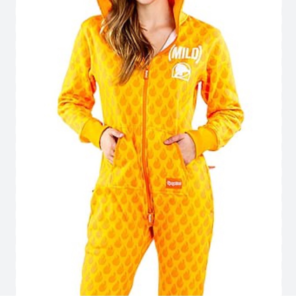 Tipsy Elves Taco Bell Mild Sauce Zipper Yellow Hoodie Jumpsuit